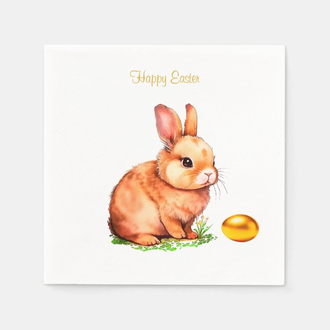 Easter Bunny and Golden Egg on White Napkins (Front)