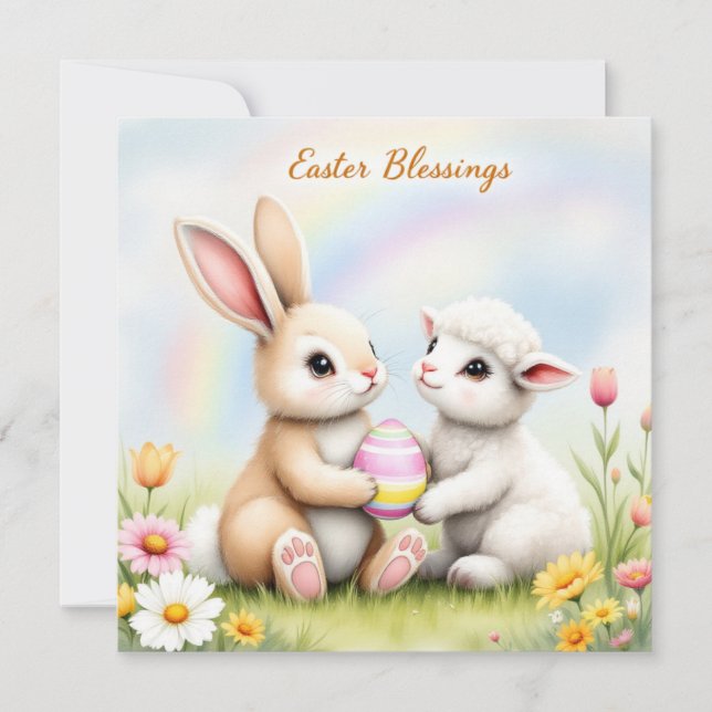 Easter Bunny and Lamb Sharing an Egg 2 Holiday Card (Front)