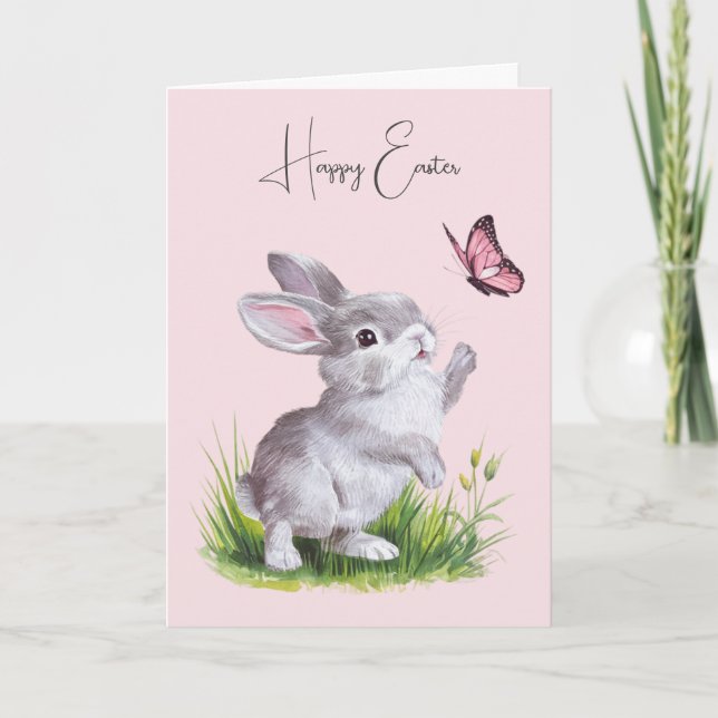 Easter Bunny and Pink Butterfly Holiday Card (Front)