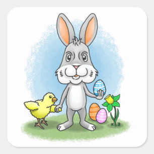 Easter bunny and the yellow chicken square sticker