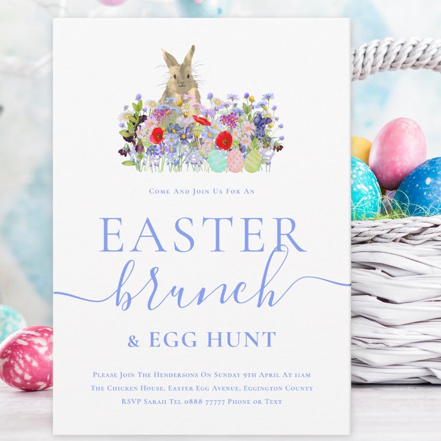 Easter Bunny and Wildflowers Egg Hunt and Brunch Invitation (Easter brunch and egg hunt watercolor cute bunny wildflowers and eggs spring party invitation )