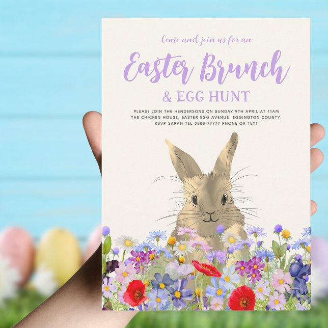 Easter Bunny and Wildflowers Egg Hunt and Brunch Invitation (Easter brunch and egg hunt boho wildflower cute Easter bunny invitation )