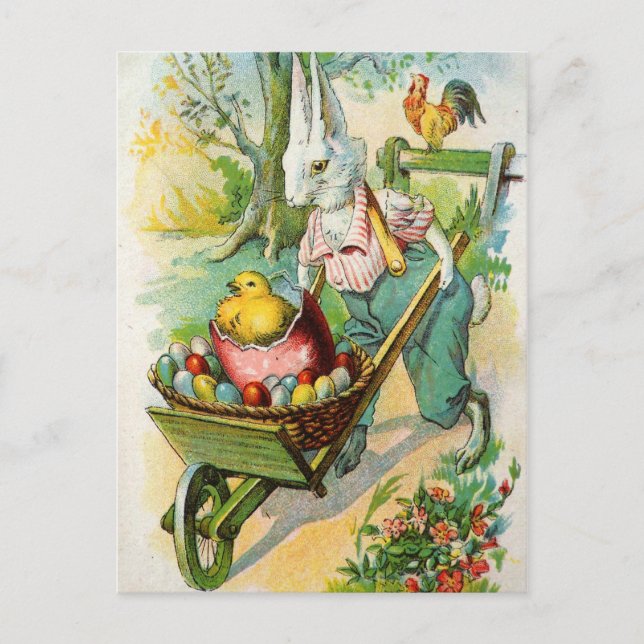 Easter Bunny Antique Post Card Wheel Barrow Chicks (Front)