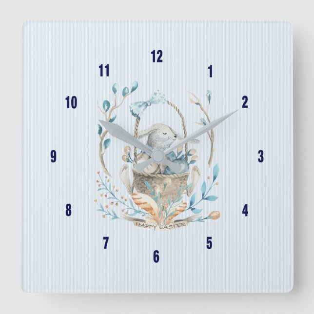 Easter Bunny Basket Bokeh Flowers & Feathers Square Wall Clock (Front)
