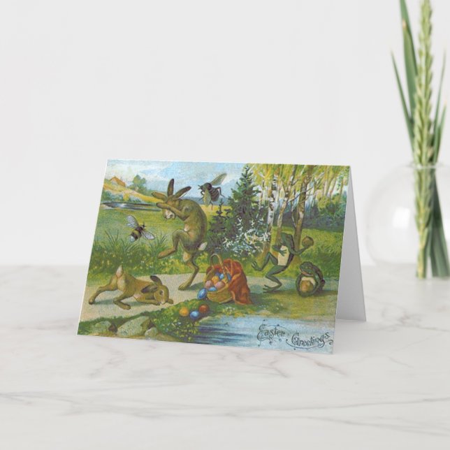 Easter Bunny Basket Colored Egg Frog Holiday Card (Front)