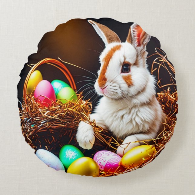 Easter Bunny Basket & Eggs  Round Cushion (Front)