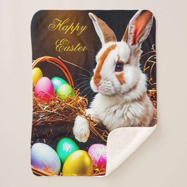 Easter Bunny Basket & Eggs   Sherpa Blanket (Front)