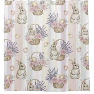 Easter Bunny Basket Pastel Gold Stripe Shower Curtain