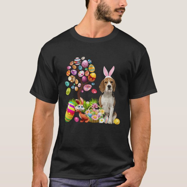 Easter Bunny Beagle Dog Ear Tree Egg Basket T-Shirt (Front)