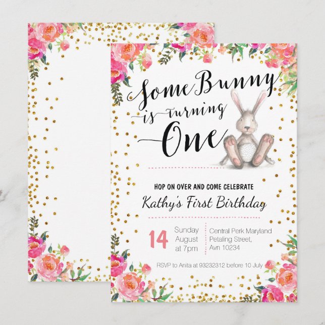 Easter Bunny Birthday Floral Invitation (Front/Back)