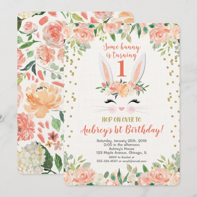 Easter bunny birthday invitation peaches and cream (Front/Back)