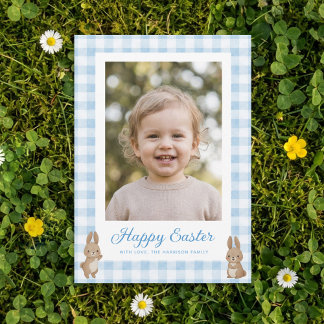 Easter Bunny Blue Gingham Photo Holiday Card