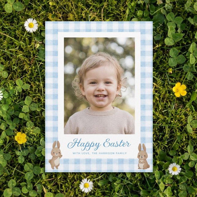 Easter Bunny Blue Gingham Photo Holiday Card (Creator Uploaded)