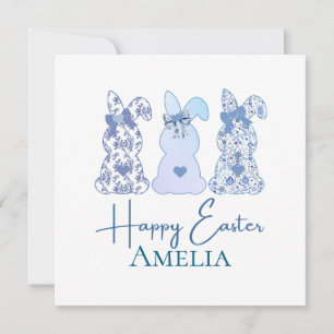 Easter Bunny Blue White Floral Bow Personalised  Invitation