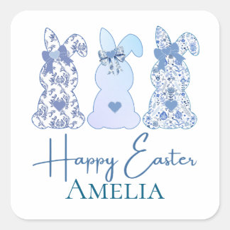 Easter Bunny Blue White Floral Bow Personalised Square Sticker