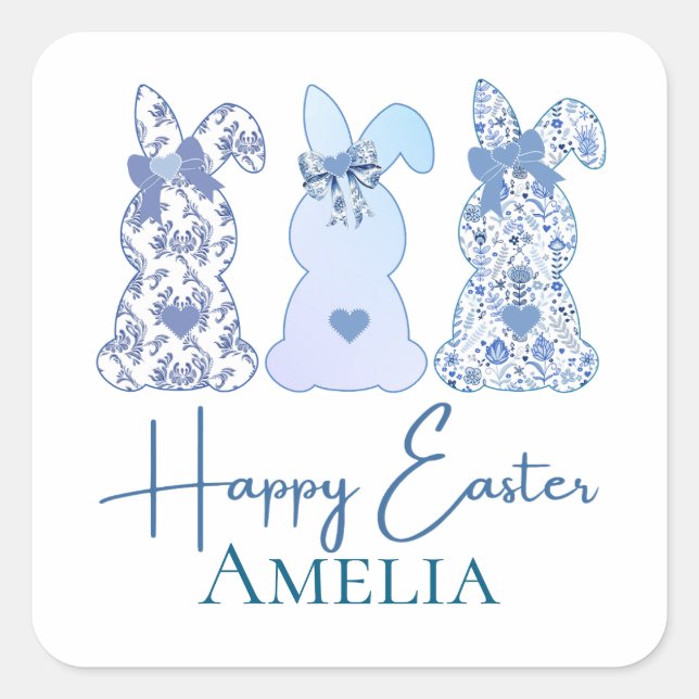 Easter Bunny Blue White Floral Bow Personalised  Square Sticker (Front)