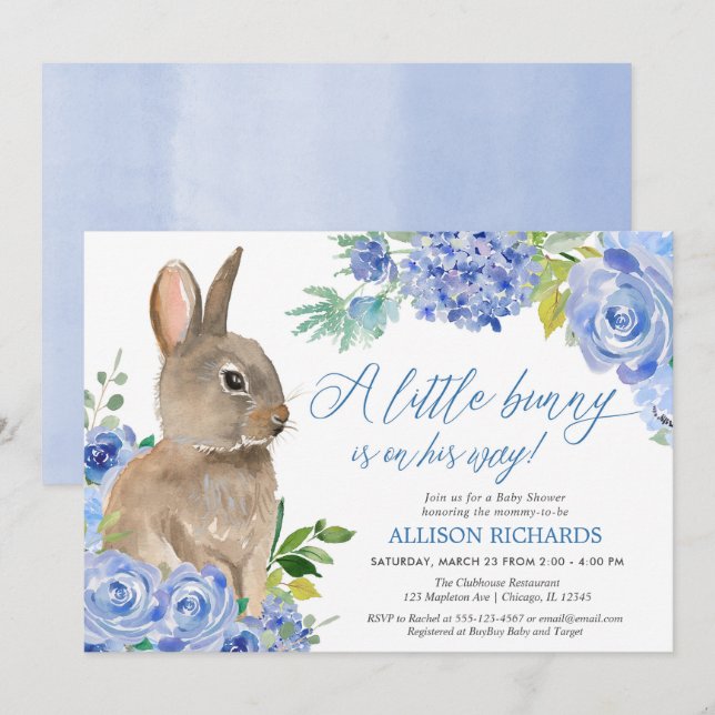 Easter bunny blue white floral boy baby shower invitation (Front/Back)