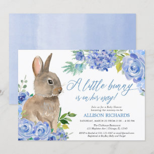 Easter bunny blue white floral boy baby shower invitation