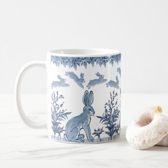 Easter Bunny Blue White Rabbit Fun Pattern Delft Coffee Mug (With Donut)