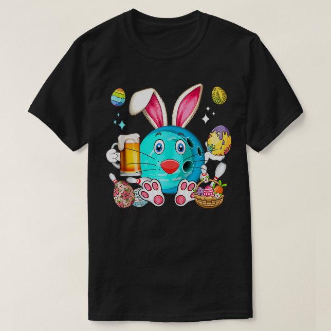 Easter Bunny Bowling Equipment Drinking Beer Funny T-Shirt (Design Front)