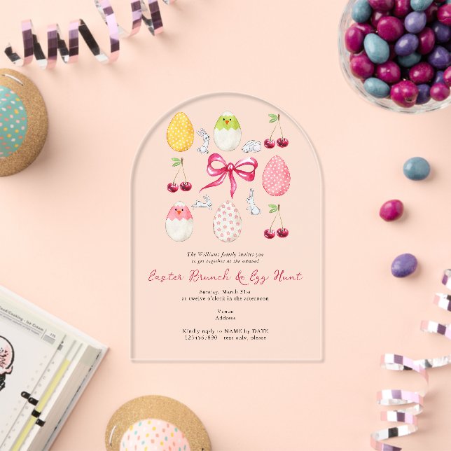 Easter Bunny Brunch Egg Hunt Cherry Coquette Bow Acrylic Invitations (Insitu (Celebration))