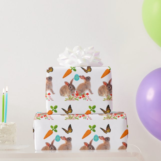 Easter Bunny Butterfly and Carrot Holiday  Wrapping Paper (Party Gifts)