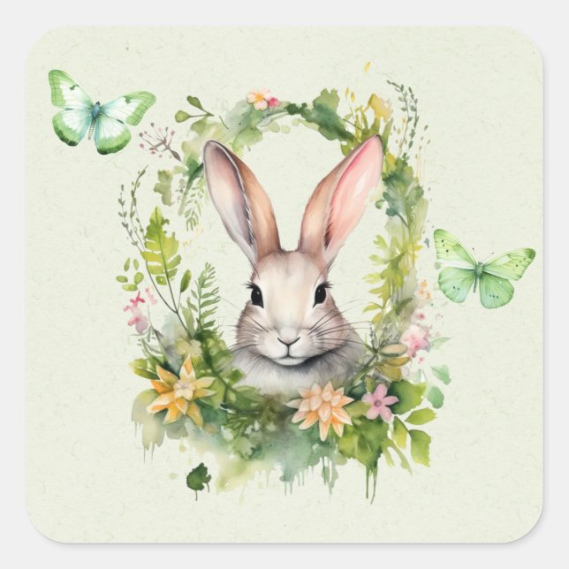 Easter Bunny Butterfly & Floral Wreath Baby Shower Square Sticker (Front)
