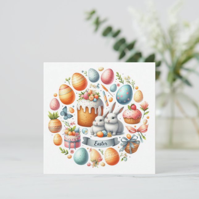 Easter Bunny Cake Eggs Illustration  Holiday Card (Standing Front)