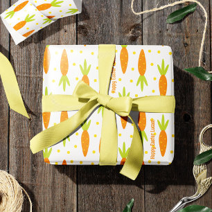 Easter Bunny Carrot Pattern Greeting and Kid Name Wrapping Paper
