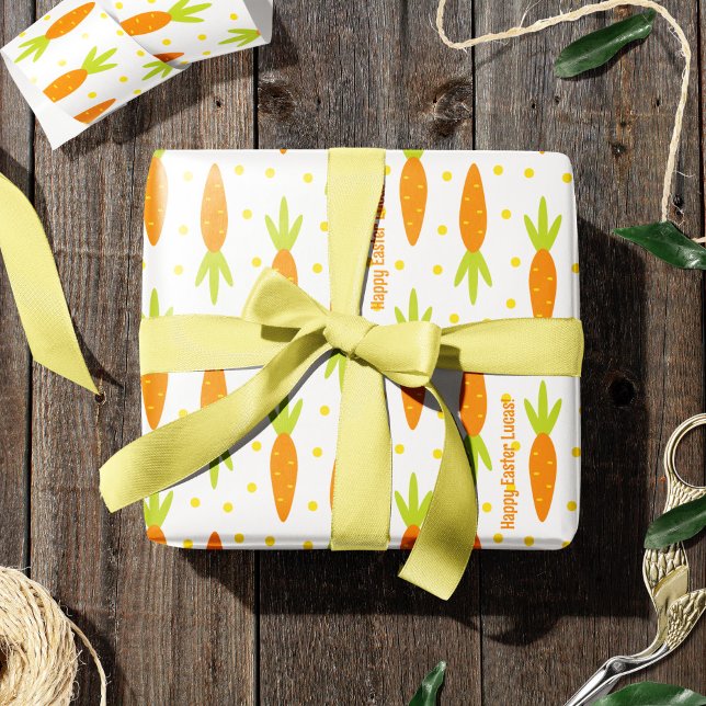 Easter Bunny Carrot Pattern Greeting and Kid Name Wrapping Paper (Creator Uploaded)