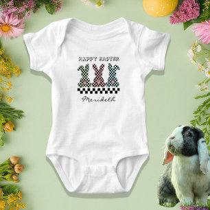 Easter Bunny Checkerboard Pink Green Teal Monogram Baby Bodysuit