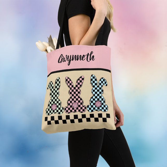 Easter Bunny Checkerboard Pink Green Yellow Name Tote Bag (Creator Uploaded)