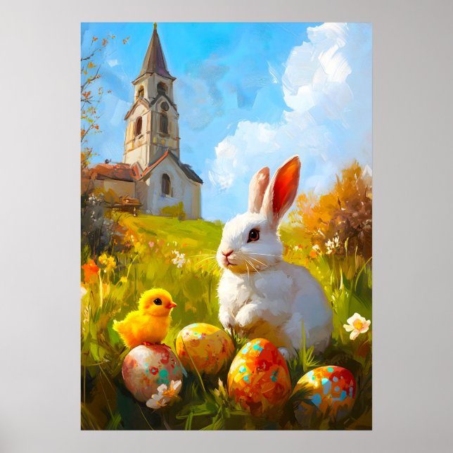 Easter Bunny Chick Eggs Church Painting Poster (Front)