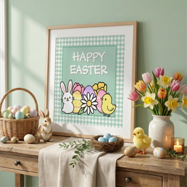 Easter Bunny Chick Eggs Green Gingham Photo Print (Creator Uploaded)
