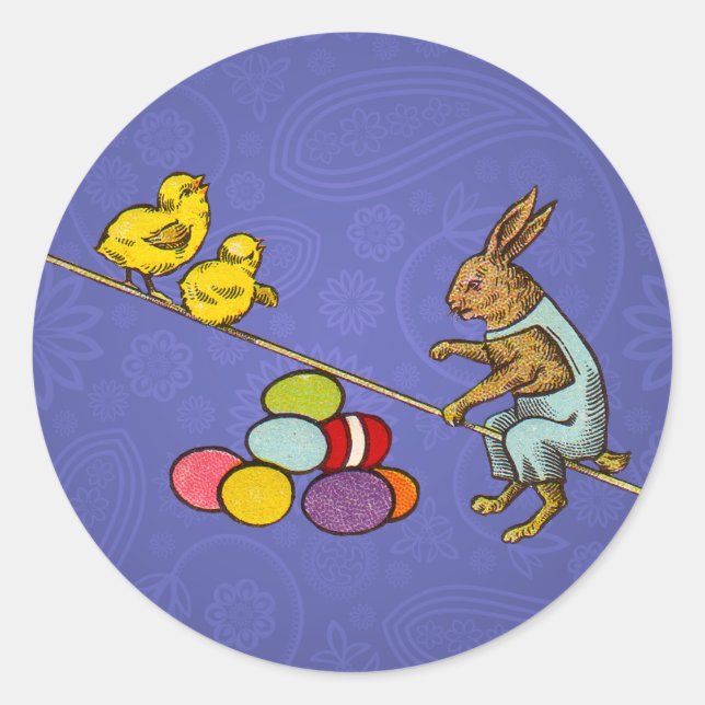 Easter Bunny chickens eggs illustration Classic Round Sticker (Front)