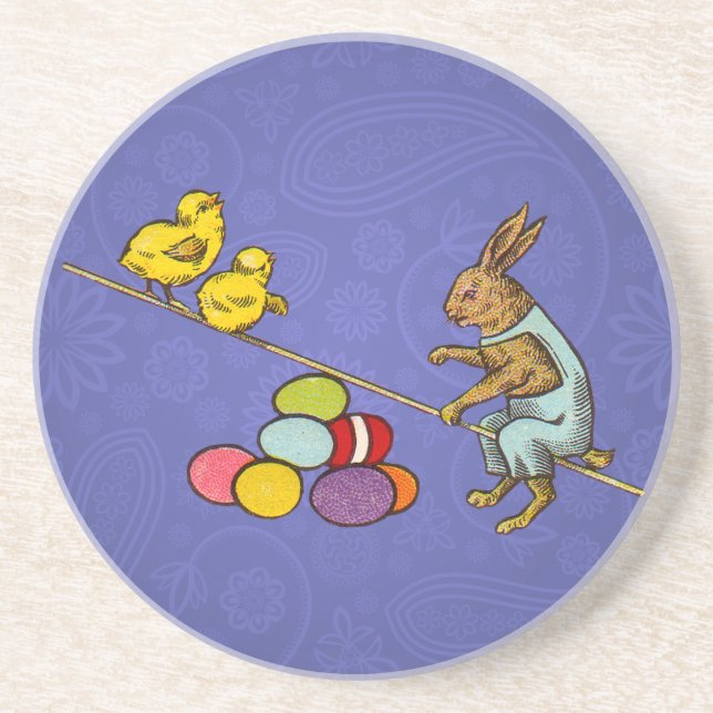 Easter Bunny chickens eggs illustration Coaster (Front)