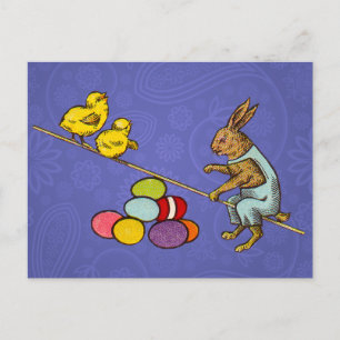 Easter Bunny chickens eggs illustration Holiday Postcard