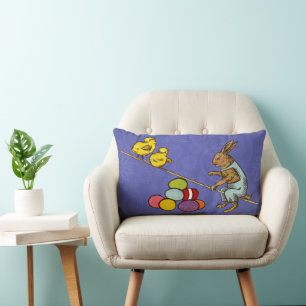 Easter Bunny chickens eggs illustration Lumbar Cushion