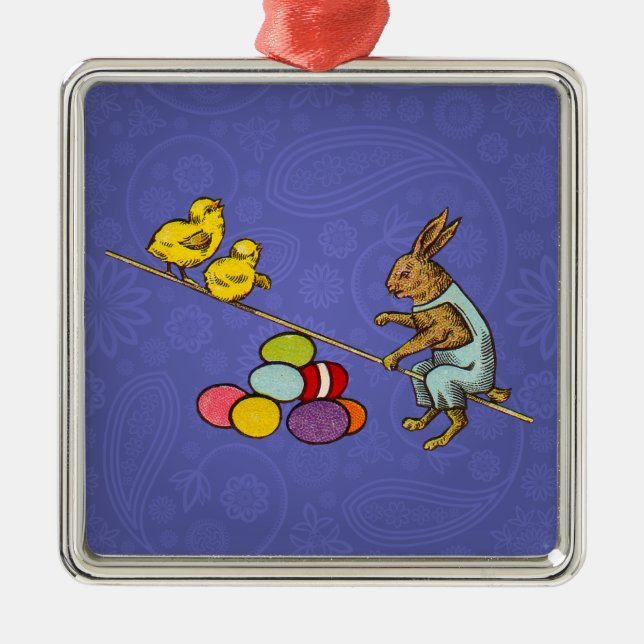 Easter Bunny chickens eggs illustration Metal Tree Decoration (Front)