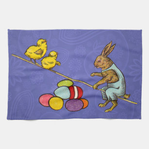 Easter Bunny chickens eggs illustration Tea Towel