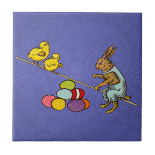 Easter Bunny chickens eggs illustration Tile