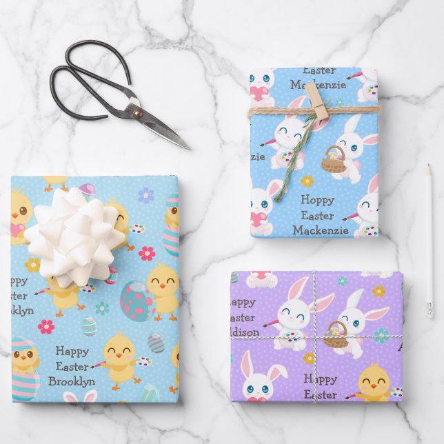 Easter Bunny Chicks Wrapping Paper Sheet (Front)