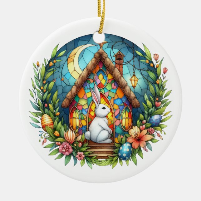 Easter Bunny Church Eggs Stained Glass Flowers Ceramic Tree Decoration (Front)