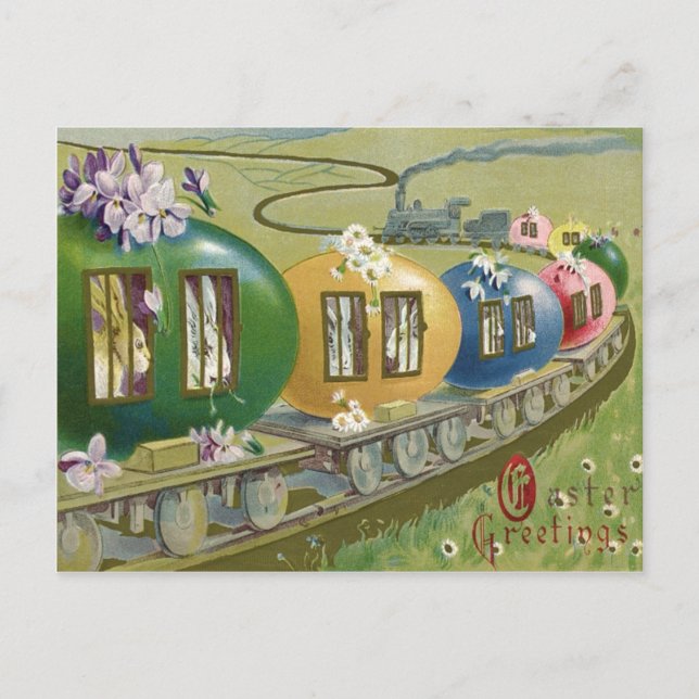 Easter Bunny Colored Egg Cage Train Holiday Postcard (Front)
