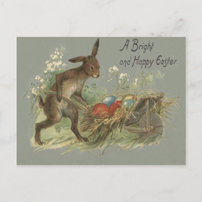 Easter Bunny Colored Painted Egg Lily Wheelbarrow Holiday Postcard (Front)
