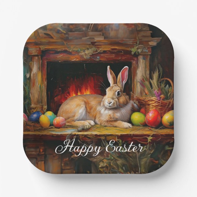 Easter Bunny Colorful Easter eggs Happy Easter Paper Plate (Front)
