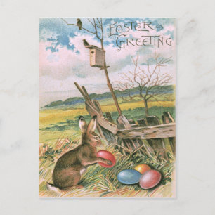 Easter Bunny Coloured Egg Birdhouse Field Holiday Postcard