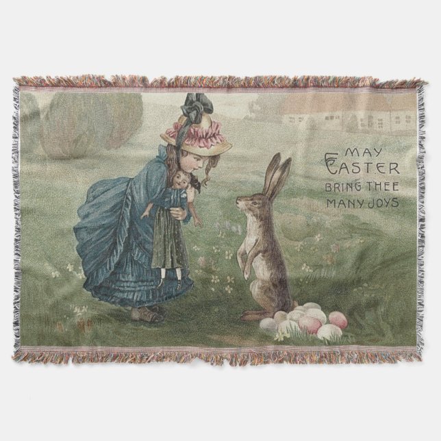 Easter Bunny Coloured Eggs Girl Doll Landscape Throw Blanket (Front)