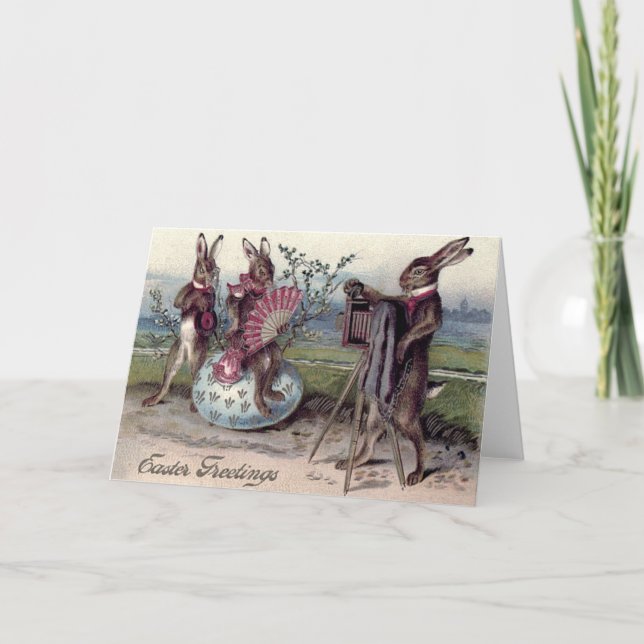 Easter Bunny Couple Camera Egg Holiday Card (Front)