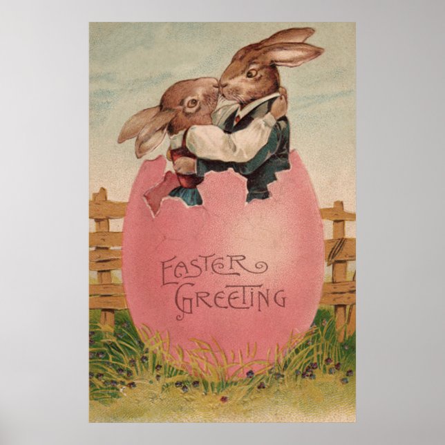 Easter Bunny Couple Kissing Painted Colored Egg Poster (Front)
